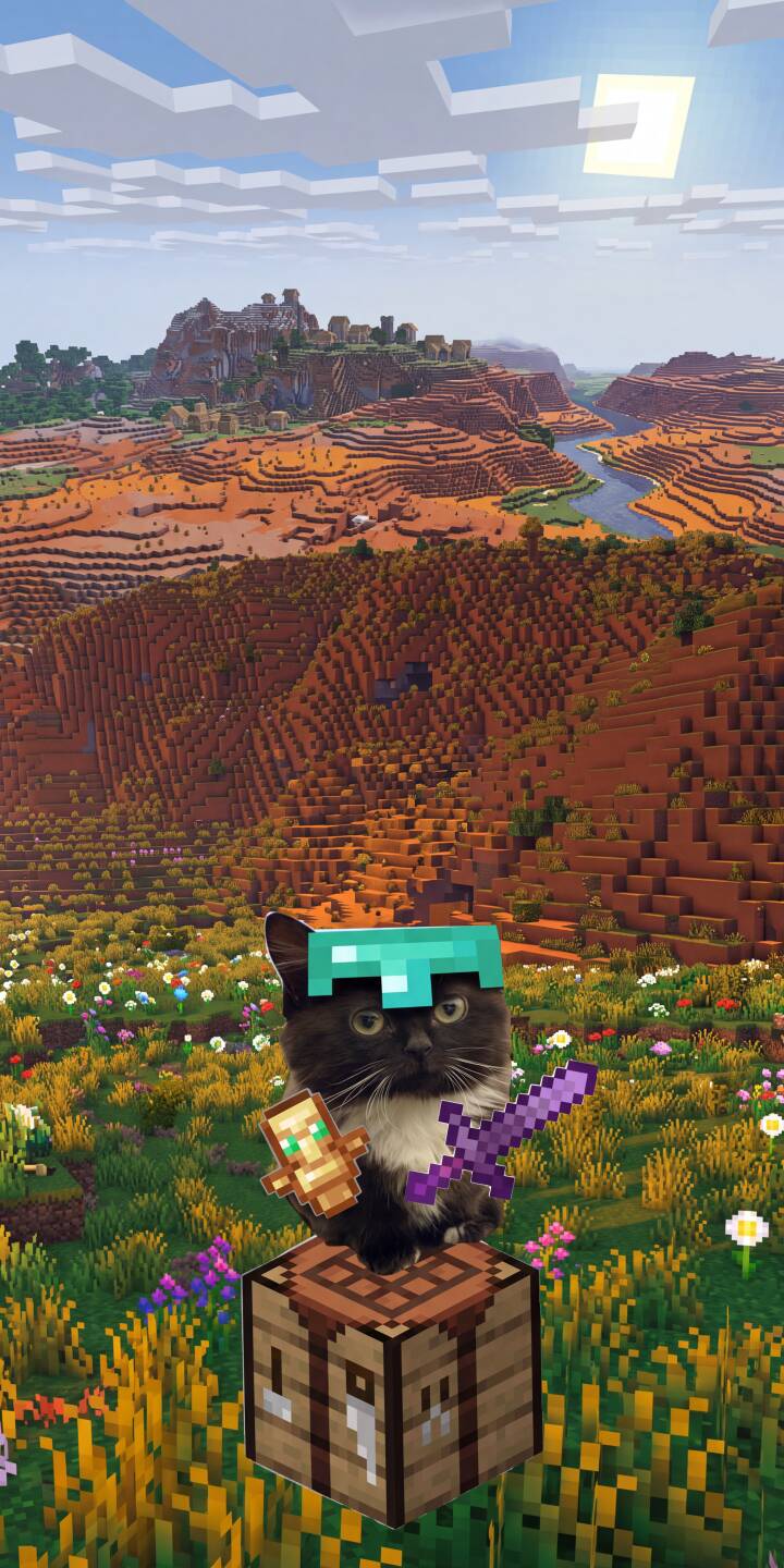 A fearless black and white cat, donned in a diamond helmet and wielding an enchanted sword, stands on a crafting table amidst a vibrant Minecraft landscape, making for an epic 4K wallpaper. This charming adventure cat wallpaper is perfect for any iPhone gamer looking to personalize their device. | cat minecraft cute iphone gaming wallpaper mobile 4k wallpaper hd wallpaper adventure diamond helmet crafting table A fearless black and white cat, donned in a diamond helmet and wielding an enchanted sword, stands on a crafting table amidst a vibrant Minecraft landscape, making for an epic 4K wallpaper. This charming adventure cat wallpaper is perfect for any iPhone gamer looking to personalize their device.