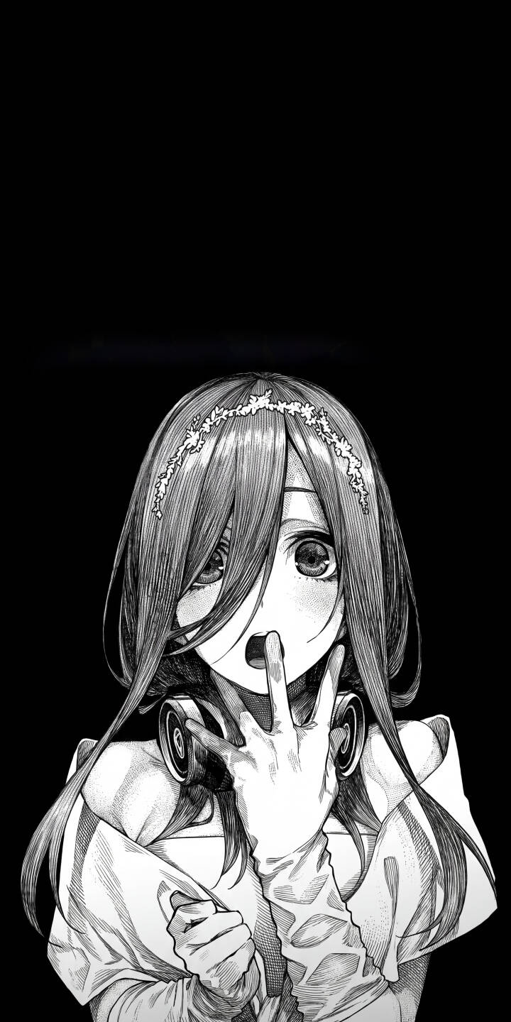 Miku Nakano silences viewers with a finger to her lips, sporting headphones and a wide-eyed expression in this striking black and white 4K wallpaper for iPhone. This captivating manga-style wallpaper captures Miku's unique charm against a minimalist background. | anime manga iphone wallpaper black and white mobile miku nakano headphones 4k wallpaper hd wallpaper miku quintessential quintuplets Miku Nakano silences viewers with a finger to her lips, sporting headphones and a wide-eyed expression in this striking black and white 4K wallpaper for iPhone. This captivating manga-style wallpaper captures Miku's unique charm against a minimalist background.
