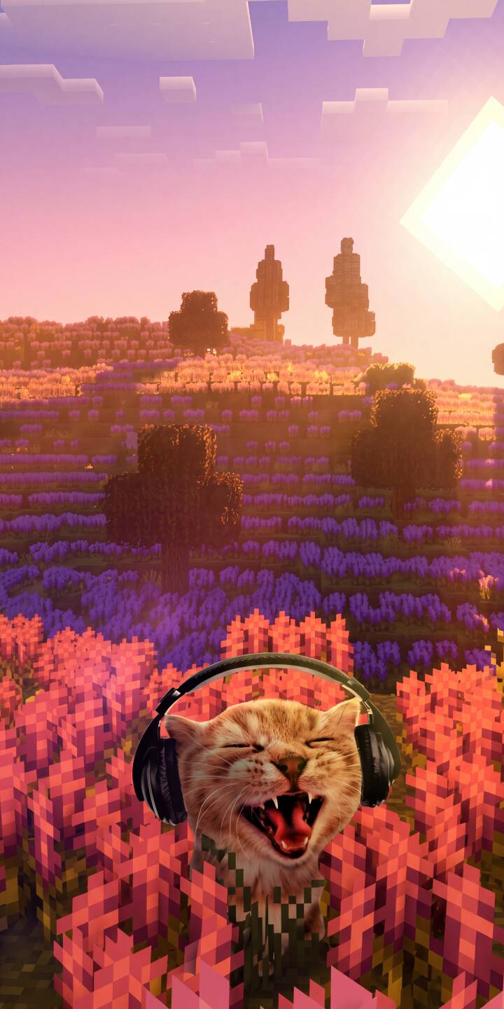 An ecstatic cat with headphones belts out a tune amidst a vibrant Minecraft landscape at sunset, surrounded by colorful pixelated flowers. This stunning 4K wallpaper offers a whimsical aesthetic, making it a perfect wallpaper for iPhone. | sunset cat minecraft cute iphone gaming wallpaper mobile headphones pixel art 4k wallpaper hd wallpaper An ecstatic cat with headphones belts out a tune amidst a vibrant Minecraft landscape at sunset, surrounded by colorful pixelated flowers. This stunning 4K wallpaper offers a whimsical aesthetic, making it a perfect wallpaper for iPhone.