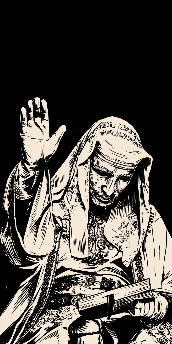 A solemn figure in intricate robes and a distinctive hood holds an ancient book while raising one hand in a commanding gesture, depicted in classic engraving style for this striking 4K wallpaper. This captivating wallpaper is perfect for personalizing your iPhone with an aura of historical depth and spiritual wisdom. | book iphone vintage wallpaper mobile 4k wallpaper hd wallpaper historical engraving solemn sage prophet A solemn figure in intricate robes and a distinctive hood holds an ancient book while raising one hand in a commanding gesture, depicted in classic engraving style for this striking 4K wallpaper. This captivating wallpaper is perfect for personalizing your iPhone with an aura of historical depth and spiritual wisdom.