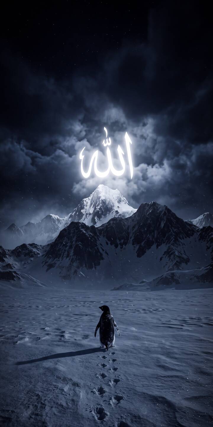 The sacred Arabic script for 'Allah' glows brilliantly against a dramatic, stormy sky above jagged, snow-covered mountains in this captivating 4K wallpaper. A lone penguin traverses the icy landscape, its small footprints trailing behind, creating a profound and serene wallpaper for your iPhone. | snow iphone mountains wallpaper spiritual mobile penguin 4k wallpaper hd wallpaper dark aesthetic islamic allah The sacred Arabic script for 'Allah' glows brilliantly against a dramatic, stormy sky above jagged, snow-covered mountains in this captivating 4K wallpaper. A lone penguin traverses the icy landscape, its small footprints trailing behind, creating a profound and serene wallpaper for your iPhone.