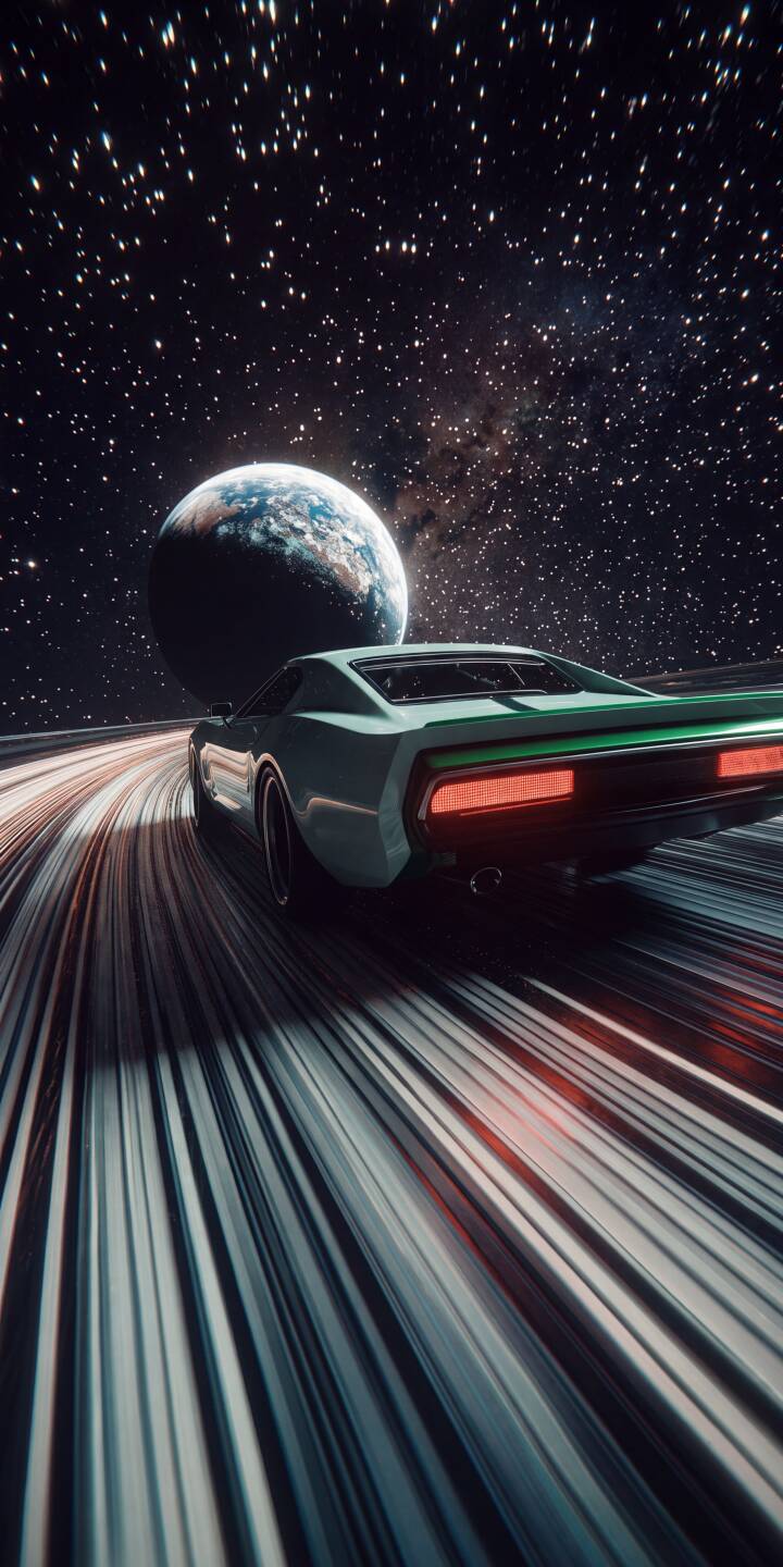 A sleek light blue classic car speeds across a luminous futuristic track, with its red taillights glowing brightly against a breathtaking 4K cosmic backdrop of stars and a distant planet – a dynamic wallpaper for iPhone that truly captures interstellar travel. This epic scene makes for an incredible wallpaper on any device. | car iphone galaxy wallpaper futuristic driving mobile 4k wallpaper hd wallpaper space car classic car sci-fi A sleek light blue classic car speeds across a luminous futuristic track, with its red taillights glowing brightly against a breathtaking 4K cosmic backdrop of stars and a distant planet – a dynamic wallpaper for iPhone that truly captures interstellar travel. This epic scene makes for an incredible wallpaper on any device.
