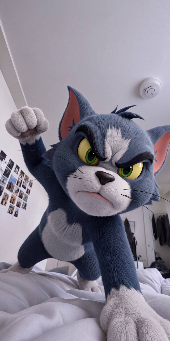 Furious green eyes glare intensely as Tom the cat raises a determined fist, his realistic fur details captured perfectly in this striking 4K wallpaper. This aggressive Tom Cat wallpaper is an essential download for any iPhone user and fan of classic cartoons. | cartoon animated iphone tom tom and jerry angry wallpaper mobile 4k wallpaper hd wallpaper feline tom cat Furious green eyes glare intensely as Tom the cat raises a determined fist, his realistic fur details captured perfectly in this striking 4K wallpaper. This aggressive Tom Cat wallpaper is an essential download for any iPhone user and fan of classic cartoons.