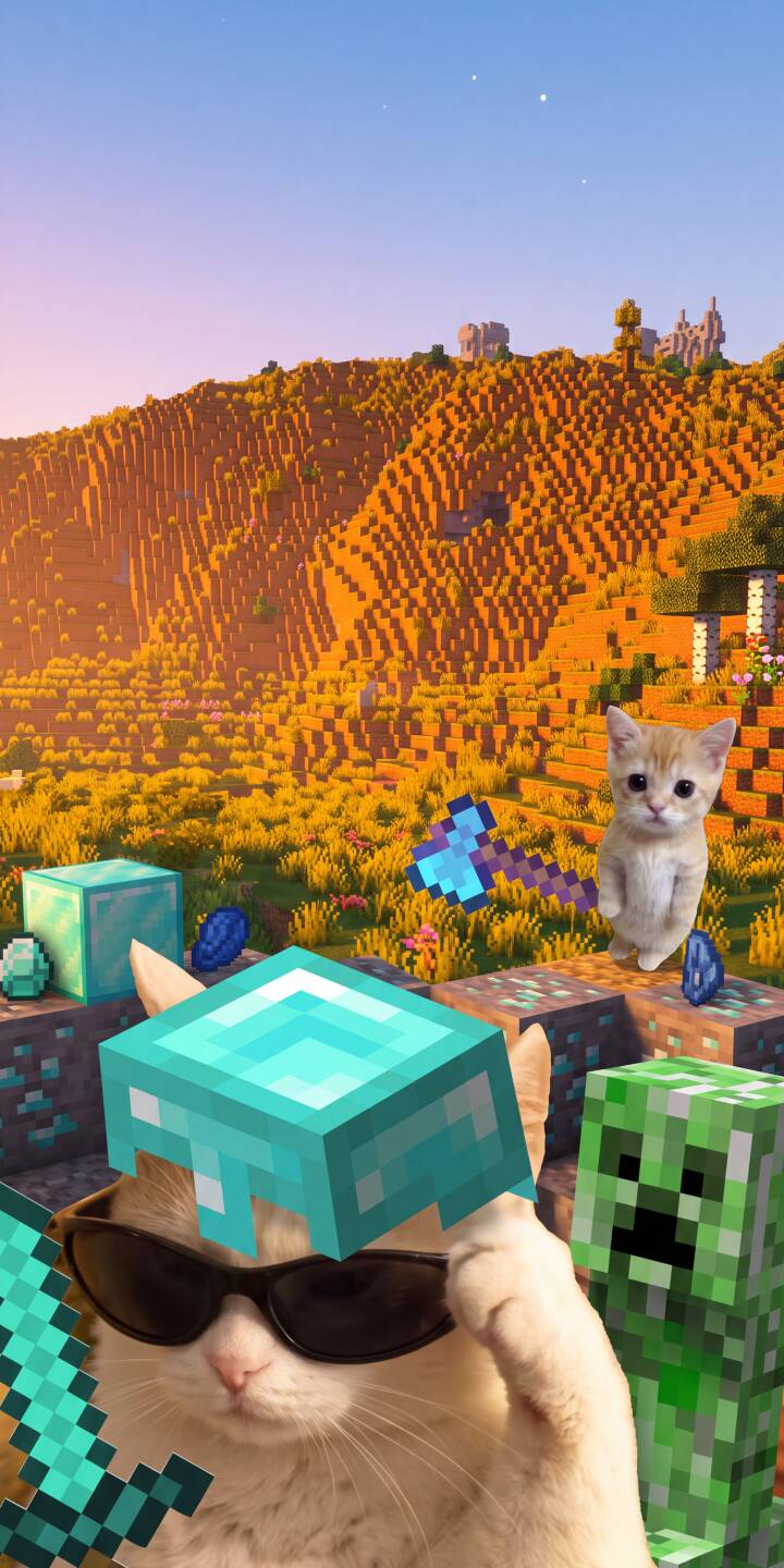 A sunglasses-wearing cat, sporting a diamond helmet and sword, confronts a creeper and an adorable kitten in this playful 4K Minecraft wallpaper; it's the perfect funny wallpaper for iPhone screens. | funny cat diamond minecraft iphone gaming wallpaper kitten mobile creeper 4k wallpaper hd wallpaper A sunglasses-wearing cat, sporting a diamond helmet and sword, confronts a creeper and an adorable kitten in this playful 4K Minecraft wallpaper; it's the perfect funny wallpaper for iPhone screens.