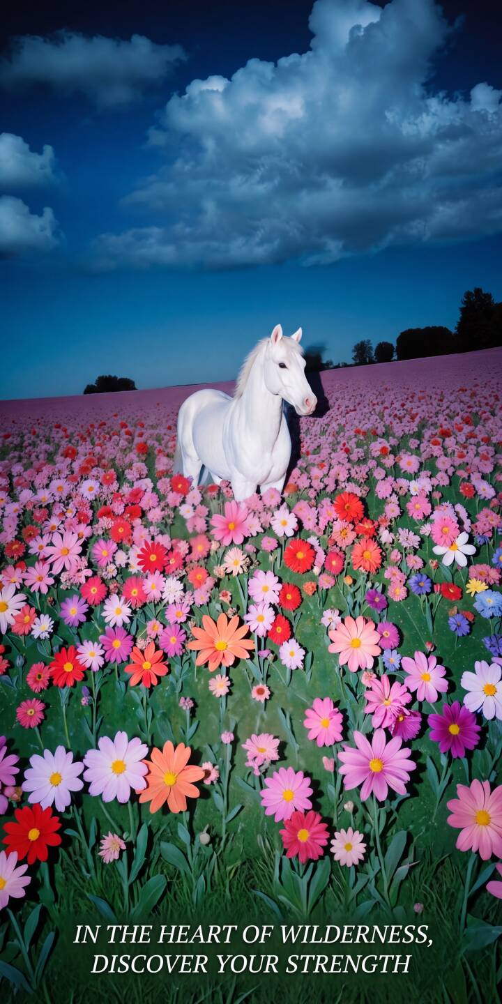 A radiant white horse stands gracefully amidst a riot of multi-colored wildflowers, bathed in the soft light beneath a dramatic deep blue sky with heavy clouds, making for a truly enchanting 4K wallpaper. This stunning natural beauty is an essential wallpaper for iPhone, perfect for those seeking tranquility. | flowers horse iphone nature wallpaper vibrant mobile white horse 4k wallpaper hd wallpaper ethereal wildflower field A radiant white horse stands gracefully amidst a riot of multi-colored wildflowers, bathed in the soft light beneath a dramatic deep blue sky with heavy clouds, making for a truly enchanting 4K wallpaper. This stunning natural beauty is an essential wallpaper for iPhone, perfect for those seeking tranquility.