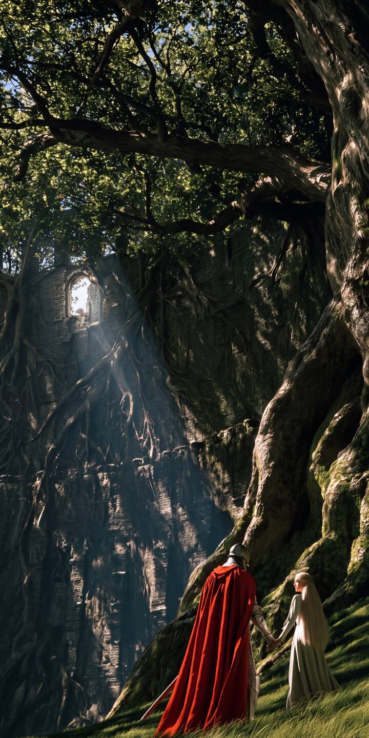 Sunlight streams through the high ancient ruins, illuminating a knight in a crimson cape and a maiden holding hands as they embark on a journey in this enchanting 4K wallpaper — an ideal fantasy wallpaper for iPhone users seeking adventure. | knight iphone fantasy wallpaper mobile 4k wallpaper hd wallpaper red cape light rays enchanted forest maiden ancient tree Sunlight streams through the high ancient ruins, illuminating a knight in a crimson cape and a maiden holding hands as they embark on a journey in this enchanting 4K wallpaper — an ideal fantasy wallpaper for iPhone users seeking adventure.