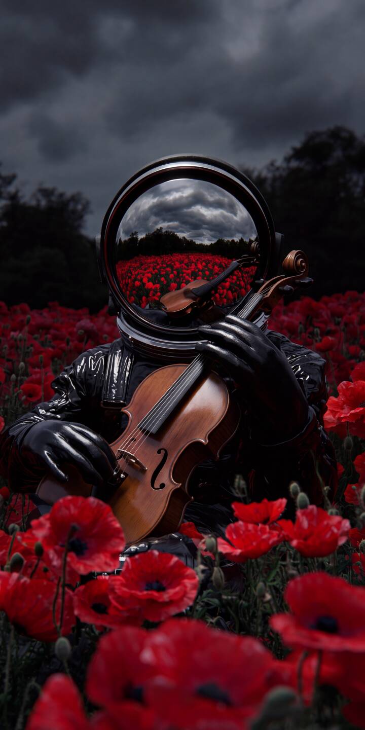 The gleaming helmet of an astronaut reflects a stormy sky above a vivid red poppy field as they passionately play a violin, creating a hauntingly beautiful 4K wallpaper. This atmospheric scene makes a dramatic and unique wallpaper for your iPhone. | violin astronaut iphone wallpaper dark sky mobile 4k wallpaper hd wallpaper spaceman surreal red poppies dramatic The gleaming helmet of an astronaut reflects a stormy sky above a vivid red poppy field as they passionately play a violin, creating a hauntingly beautiful 4K wallpaper. This atmospheric scene makes a dramatic and unique wallpaper for your iPhone.