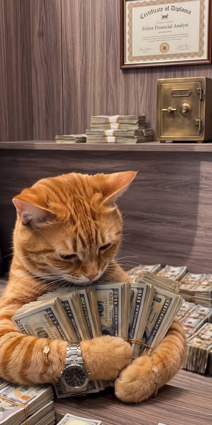 An adorable orange cat, sporting a fancy wristwatch, proudly clutches piles of crisp 100 dollar bills in this luxurious 4K wallpaper for iPhone. This opulent scene makes for a unique cat money wallpaper, perfect for setting an ambitious tone. | aesthetic cat money cute iphone luxury wallpaper mobile 4k wallpaper hd wallpaper wealthy financial cat An adorable orange cat, sporting a fancy wristwatch, proudly clutches piles of crisp 100 dollar bills in this luxurious 4K wallpaper for iPhone. This opulent scene makes for a unique cat money wallpaper, perfect for setting an ambitious tone.