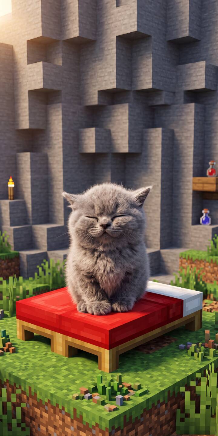 A fluffy grey kitten with eyes closed in pure contentment rests upon a red Minecraft bed in this charming 4K wallpaper. This delightful wallpaper, set against a blocky landscape, makes an adorable choice for any iPhone user. | cat minecraft cute iphone gaming wallpaper kitten mobile pixel art fluffy 4k wallpaper hd wallpaper A fluffy grey kitten with eyes closed in pure contentment rests upon a red Minecraft bed in this charming 4K wallpaper. This delightful wallpaper, set against a blocky landscape, makes an adorable choice for any iPhone user.