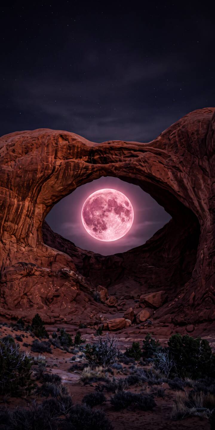 A luminous pink full moon glows intensely through a towering natural rock arch, casting a dreamy atmosphere across the barren night desert in this striking 4K wallpaper. This captivating landscape is an ideal wallpaper for iPhone fans seeking a blend of natural wonder and vibrant color. | aesthetic night sky iphone nature wallpaper mobile 4k wallpaper hd wallpaper pink moon desert landscape glowing moon natural arch A luminous pink full moon glows intensely through a towering natural rock arch, casting a dreamy atmosphere across the barren night desert in this striking 4K wallpaper. This captivating landscape is an ideal wallpaper for iPhone fans seeking a blend of natural wonder and vibrant color.