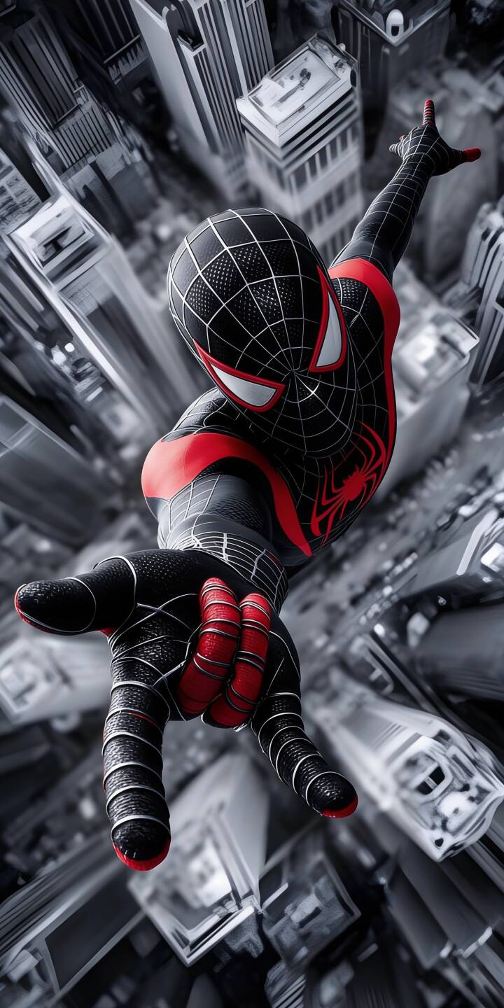 Miles Morales plunges dynamically through a monochrome cityscape in his iconic red and black suit, striking a web-slinging pose in this stunning 4K wallpaper—an essential wallpaper for any iPhone user. | superhero marvel spiderman iphone dynamic wallpaper miles morales mobile 4k wallpaper hd wallpaper red and black cityscape Miles Morales plunges dynamically through a monochrome cityscape in his iconic red and black suit, striking a web-slinging pose in this stunning 4K wallpaper—an essential wallpaper for any iPhone user.