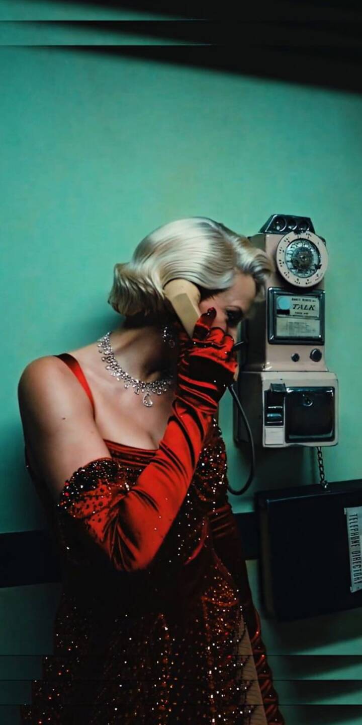 A woman in a dazzling red sequin gown and elegant gloves speaks intently on a retro payphone, captured in this dramatic 4K wallpaper. This cinematic vintage glamour wallpaper is perfect for your iPhone screen, exuding mystery and elegance. | artist A woman in a dazzling red sequin gown and elegant gloves speaks intently on a retro payphone, captured in this dramatic 4K wallpaper. This cinematic vintage glamour wallpaper is perfect for your iPhone screen, exuding mystery and elegance.