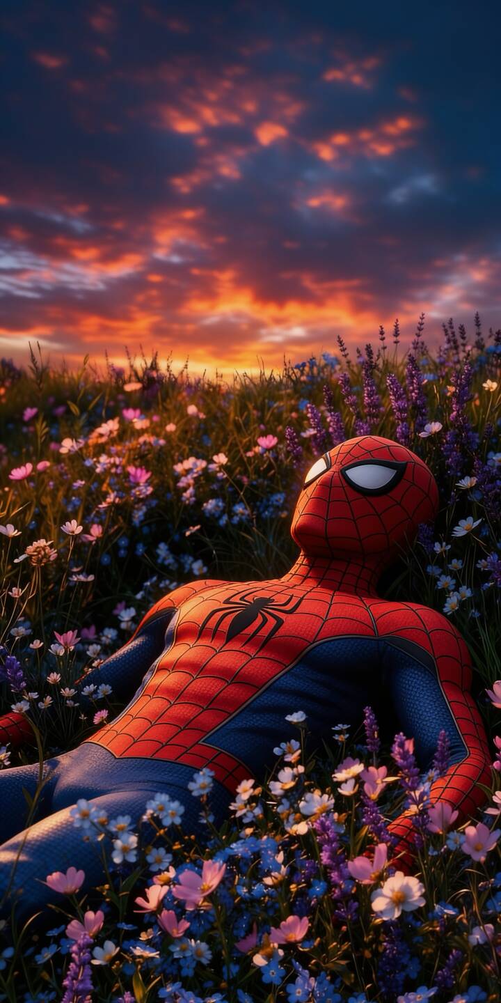 Fiery orange and deep blue clouds paint a stunning sunset sky as Spider-Man lies peacefully in a field of wildflowers in this breathtaking 4K wallpaper. This is an ideal iPhone wallpaper for fans of the friendly neighborhood hero. | aesthetic flowers field sunset marvel spiderman iphone wallpaper mobile 4k wallpaper hd wallpaper spider-man Fiery orange and deep blue clouds paint a stunning sunset sky as Spider-Man lies peacefully in a field of wildflowers in this breathtaking 4K wallpaper. This is an ideal iPhone wallpaper for fans of the friendly neighborhood hero.