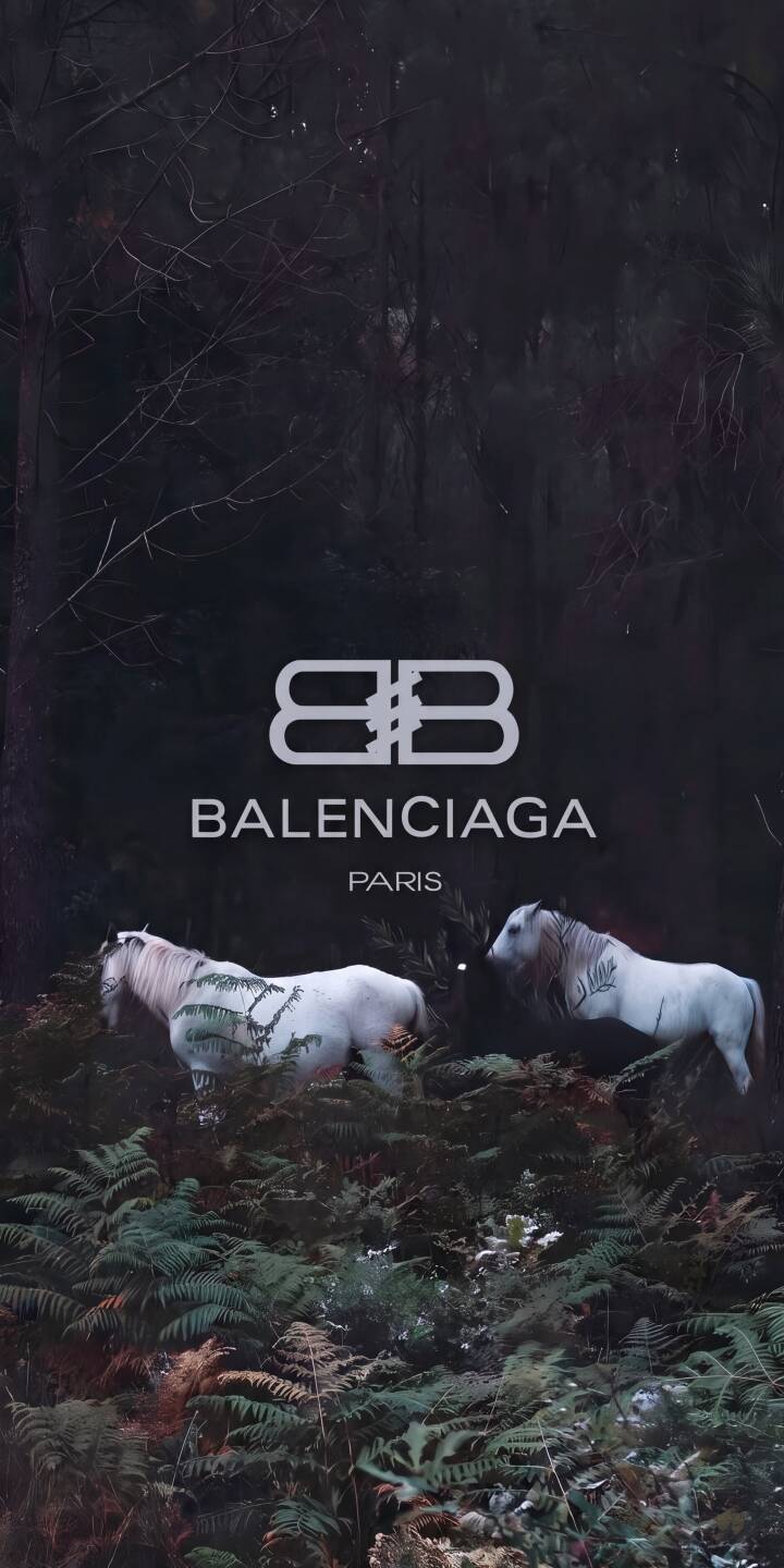 The elegant Balenciaga logo subtly crowns two ethereal white horses wandering through a dark, fern-filled forest in this stunning 4K wallpaper, making it a luxurious wallpaper for iPhone. | aesthetic forest iphone balenciaga nature luxury wallpaper mobile horses 4k wallpaper hd wallpaper white horses The elegant Balenciaga logo subtly crowns two ethereal white horses wandering through a dark, fern-filled forest in this stunning 4K wallpaper, making it a luxurious wallpaper for iPhone.