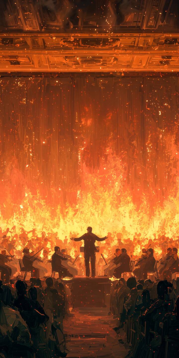 An inferno of vibrant orange flames erupts behind a silhouetted conductor, orchestrating a dramatic performance in this captivating scene. This intense 4K wallpaper, featuring an unforgettable apocalyptic symphony, makes a compelling wallpaper for iPhone users. | fire iphone wallpaper mobile flames 4k wallpaper hd wallpaper epic dramatic conductor orchestra symphony An inferno of vibrant orange flames erupts behind a silhouetted conductor, orchestrating a dramatic performance in this captivating scene. This intense 4K wallpaper, featuring an unforgettable apocalyptic symphony, makes a compelling wallpaper for iPhone users.