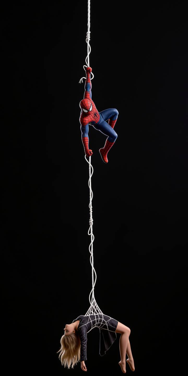 Spider-Man dramatically descends on a web, rescuing a woman gracefully suspended in a delicate web of ropes against a stark black background in this stunning 4K wallpaper. This heroic scene makes a perfect wallpaper for your iPhone. | superhero web marvel spiderman iphone wallpaper mobile comic art 4k wallpaper hd wallpaper heroic rescue mission Spider-Man dramatically descends on a web, rescuing a woman gracefully suspended in a delicate web of ropes against a stark black background in this stunning 4K wallpaper. This heroic scene makes a perfect wallpaper for your iPhone.