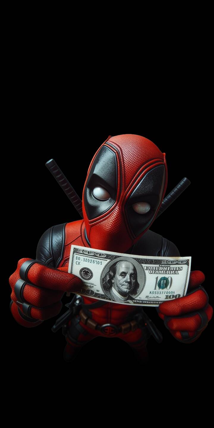 The iconic red and black suited Deadpool mischievously holds a crisp 100 dollar bill against a stark black background in this stunning 4K wallpaper, making it a perfectly vibrant choice for your iPhone wallpaper. | cash money deadpool marvel iphone wallpaper wade wilson comic mobile 4k wallpaper hd wallpaper mercenary The iconic red and black suited Deadpool mischievously holds a crisp 100 dollar bill against a stark black background in this stunning 4K wallpaper, making it a perfectly vibrant choice for your iPhone wallpaper.