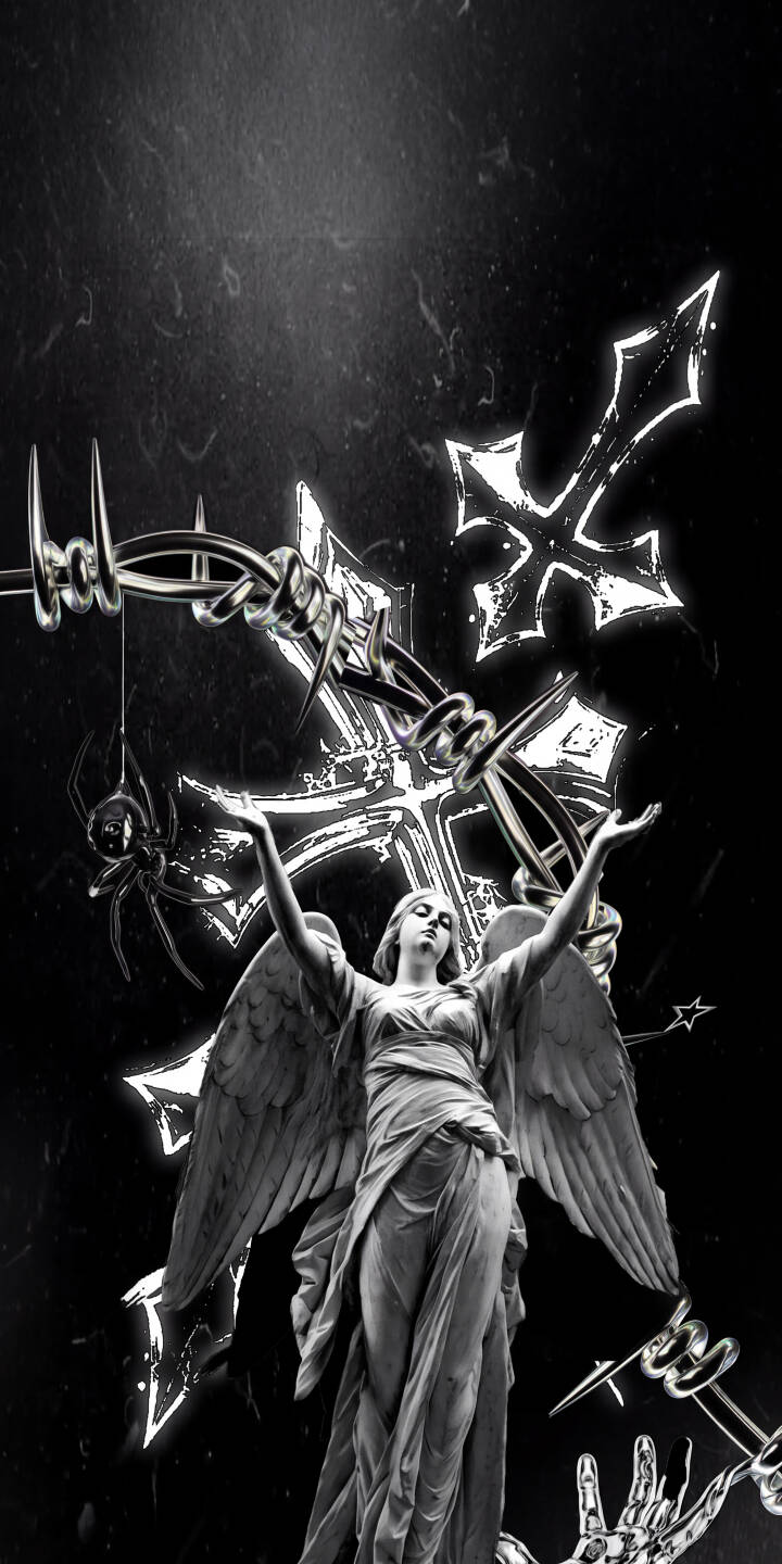 A majestic angel statue with outstretched wings and raised arms stands amidst a chaotic embrace of gleaming barbed wire and stylized glowing crosses in this striking 4K wallpaper. This dark aesthetic piece, featuring a subtle spider detail, is a captivating gothic background for any iPhone. | angel spider statue gothic iphone crosses wallpaper mobile 4k wallpaper hd wallpaper dark aesthetic barbed wire A majestic angel statue with outstretched wings and raised arms stands amidst a chaotic embrace of gleaming barbed wire and stylized glowing crosses in this striking 4K wallpaper. This dark aesthetic piece, featuring a subtle spider detail, is a captivating gothic background for any iPhone.