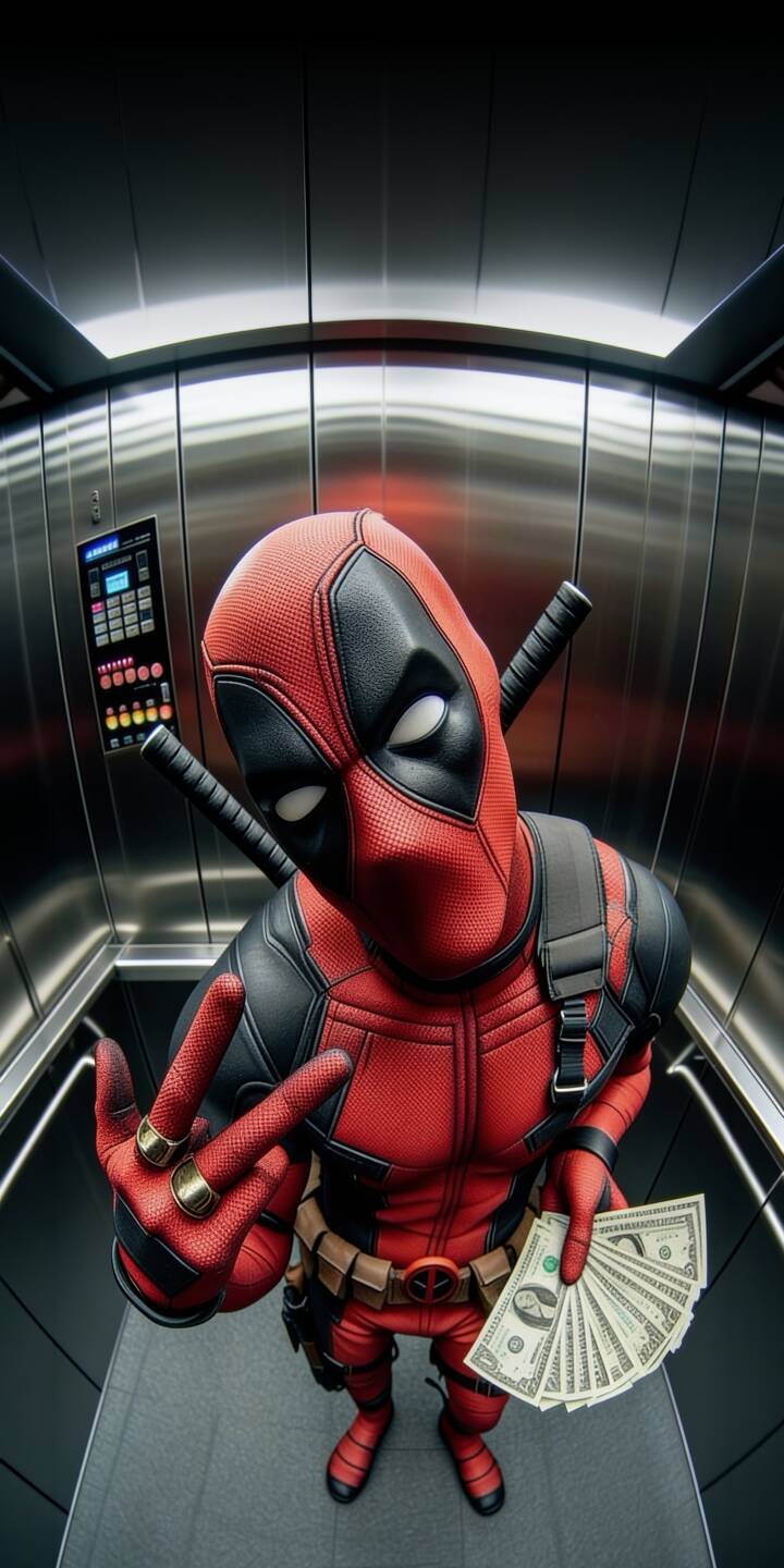 Grinning Deadpool holds a crisp fan of cash while flashing a peace sign, caught in a shiny elevator in this eye-catching 4K wallpaper. This dynamic wallpaper is an essential download for any iPhone user seeking a vibrant superhero theme. | superhero elevator money deadpool marvel iphone wallpaper peace sign mobile 4k wallpaper hd wallpaper merc with a mouth Grinning Deadpool holds a crisp fan of cash while flashing a peace sign, caught in a shiny elevator in this eye-catching 4K wallpaper. This dynamic wallpaper is an essential download for any iPhone user seeking a vibrant superhero theme.