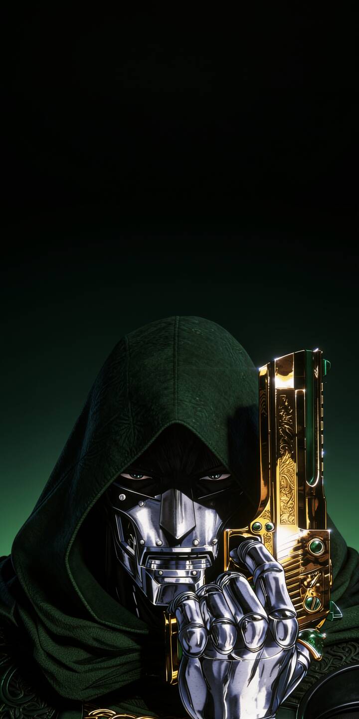 An ornate golden pistol gleams in Doctor Doom's metallic gauntlet, his piercing eyes visible through the iconic silver mask, making this a truly commanding 4K wallpaper for iPhone. This detailed wallpaper captures the regal villain in his green hooded cloak, ready for confrontation. | marvel iphone wallpaper doctor doom mobile comic art 4k wallpaper hd wallpaper metallic mask supervillain golden gun green cloak An ornate golden pistol gleams in Doctor Doom's metallic gauntlet, his piercing eyes visible through the iconic silver mask, making this a truly commanding 4K wallpaper for iPhone. This detailed wallpaper captures the regal villain in his green hooded cloak, ready for confrontation.