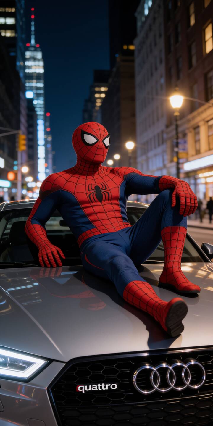 Spider-Man sits casually on the gleaming silver hood of an Audi, under the bright city lights of a bustling metropolis in this stunning 4K wallpaper. This essential wallpaper for iPhone showcases the iconic hero in his classic red and blue suit, offering a relaxed yet heroic urban vibe. | city night superhero marvel spiderman iphone audi wallpaper mobile 4k wallpaper hd wallpaper spider-man Spider-Man sits casually on the gleaming silver hood of an Audi, under the bright city lights of a bustling metropolis in this stunning 4K wallpaper. This essential wallpaper for iPhone showcases the iconic hero in his classic red and blue suit, offering a relaxed yet heroic urban vibe.