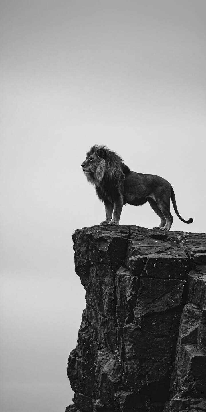 A powerful male lion with a striking mane stands proudly on a jagged cliff edge, gazing out into the distance in this commanding black and white 4K wallpaper — an epic wallpaper for iPhone that exudes strength and majesty. | animal cliff iphone wallpaper black and white lion mobile 4k wallpaper hd wallpaper wildlife monochrome majestic A powerful male lion with a striking mane stands proudly on a jagged cliff edge, gazing out into the distance in this commanding black and white 4K wallpaper — an epic wallpaper for iPhone that exudes strength and majesty.