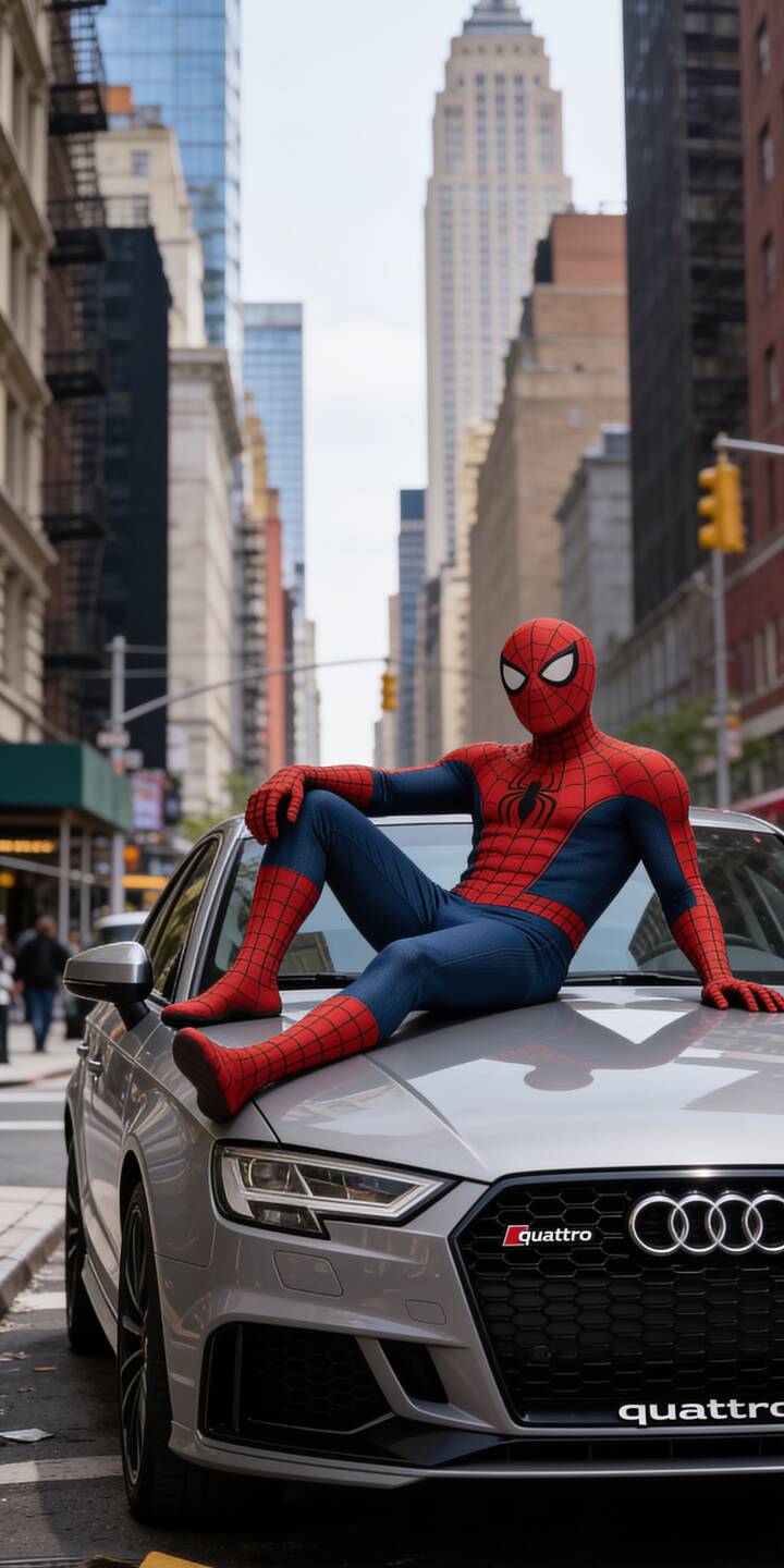 Striking in his classic red and blue suit, Spider-Man casually poses atop a sleek Audi car on a bustling city street in this vibrant 4K wallpaper for iPhone. This iconic superhero wallpaper perfectly captures his friendly neighborhood vibe. | city superhero marvel spiderman iphone audi wallpaper peter parker mobile 4k wallpaper hd wallpaper Striking in his classic red and blue suit, Spider-Man casually poses atop a sleek Audi car on a bustling city street in this vibrant 4K wallpaper for iPhone. This iconic superhero wallpaper perfectly captures his friendly neighborhood vibe.