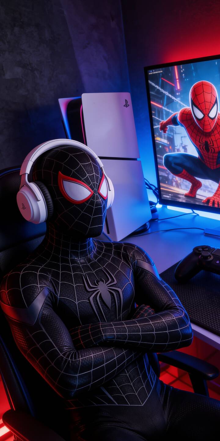 Neon blue and red lights illuminate Miles Morales, clad in his iconic black Spider-Man suit and gaming headphones, as he coolly watches a classic Spidey on the screen. This immersive 4K wallpaper perfectly captures a hero at ease in his gaming sanctuary, a must-have mobile wallpaper for iPhone. | neon marvel spiderman iphone gaming wallpaper miles morales mobile ps5 4k wallpaper hd wallpaper spider-man Neon blue and red lights illuminate Miles Morales, clad in his iconic black Spider-Man suit and gaming headphones, as he coolly watches a classic Spidey on the screen. This immersive 4K wallpaper perfectly captures a hero at ease in his gaming sanctuary, a must-have mobile wallpaper for iPhone.