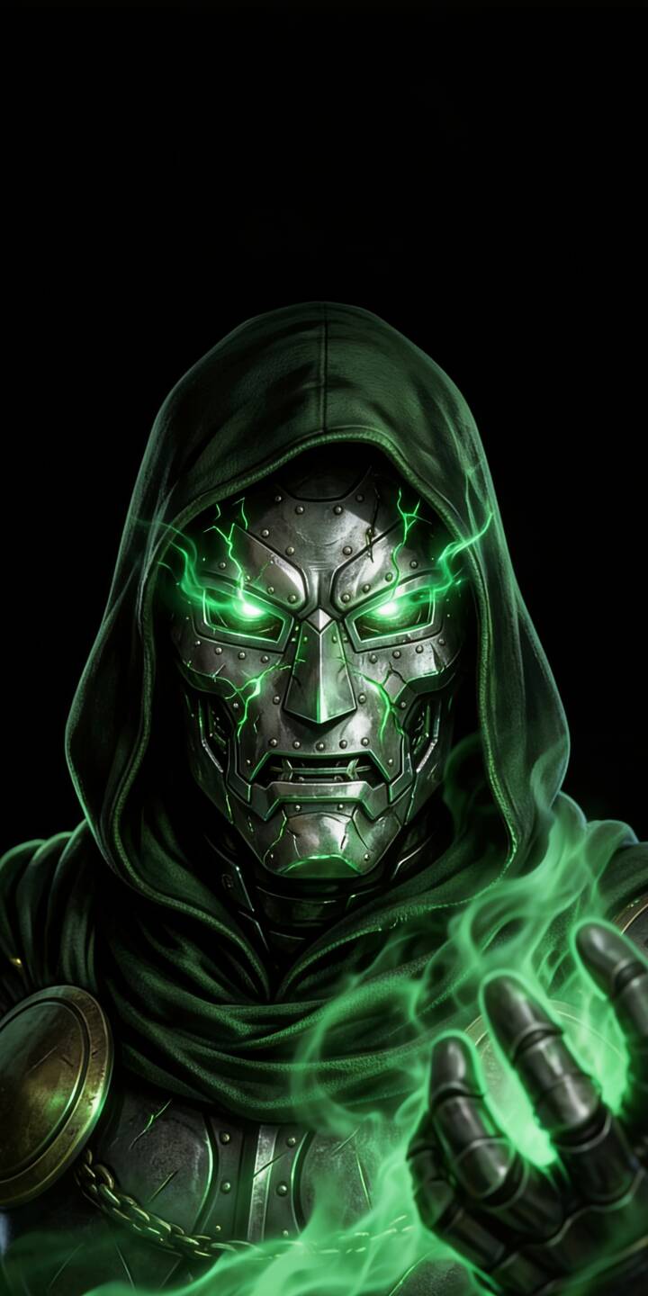 Green mystical energy crackles around Doctor Doom's armored hand and his eyes glow fiercely through the metallic mask in this stunning 4K wallpaper — an essential iPhone wallpaper for Marvel fans. | dark armor marvel iphone wallpaper doctor doom mobile 4k wallpaper hd wallpaper mystic supervillain green energy Green mystical energy crackles around Doctor Doom's armored hand and his eyes glow fiercely through the metallic mask in this stunning 4K wallpaper — an essential iPhone wallpaper for Marvel fans.