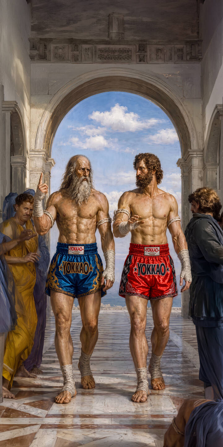 Two legendary philosophers with rippling muscles and Muay Thai wraps stand ready to spar under ancient arches in this striking 4K wallpaper â a truly unique fusion art wallpaper for iPhone that redefines wisdom with strength. | iphone wallpaper strength artistic mobile 4k wallpaper hd wallpaper epic classical art philosophers muay thai fighters Two legendary philosophers with rippling muscles and Muay Thai wraps stand ready to spar under ancient arches in this striking 4K wallpaper â a truly unique fusion art wallpaper for iPhone that redefines wisdom with strength.