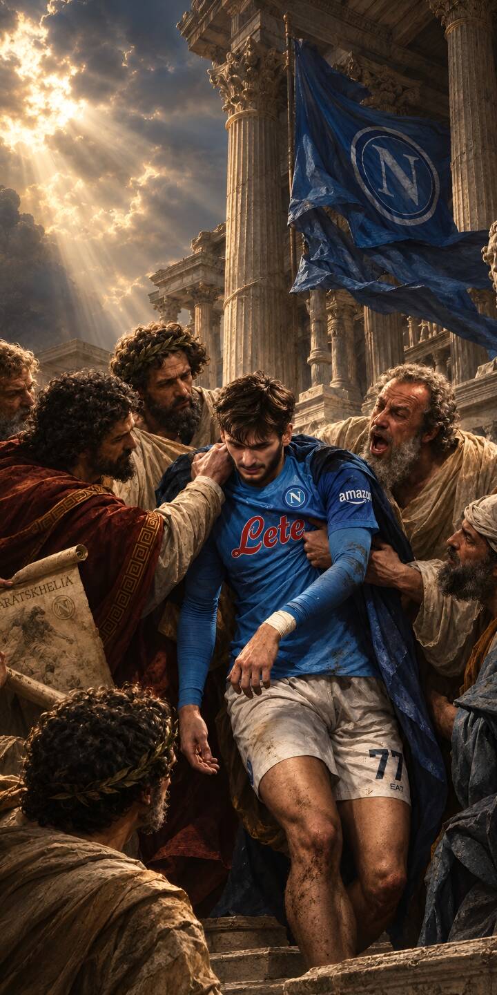 Bathed in celestial light, a somber Khvicha Kvaratskhelia, clad in his dirty Napoli kit, is gently guided by robed ancient figures in this poignant 4K wallpaper. This stunning fusion of modern football and classical art makes an exceptional wallpaper for iPhone. | football 4k fifa kvaratskhelia napoli Bathed in celestial light, a somber Khvicha Kvaratskhelia, clad in his dirty Napoli kit, is gently guided by robed ancient figures in this poignant 4K wallpaper. This stunning fusion of modern football and classical art makes an exceptional wallpaper for iPhone.