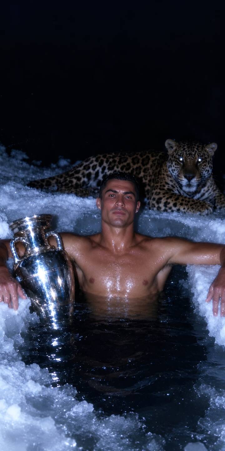 Cristiano Ronaldo's focused gaze emerges from icy water, trophy in hand, against the dark, mysterious backdrop of a lurking jaguar with glowing eyes, making this a powerful 4K wallpaper for iPhone. This epic wallpaper showcases a unique, enigmatic scene perfect for your device. | 4k cr7 cristiano ronaldo fifa world cup Cristiano Ronaldo's focused gaze emerges from icy water, trophy in hand, against the dark, mysterious backdrop of a lurking jaguar with glowing eyes, making this a powerful 4K wallpaper for iPhone. This epic wallpaper showcases a unique, enigmatic scene perfect for your device.