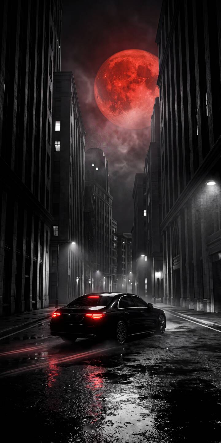 A striking blood-red moon dominates the dark city skyline and a sleek black car in this atmospheric 4K wallpaper. This dramatic scene on wet city streets makes a perfect wallpaper for iPhone screens. | aesthetic iphone wallpaper black car mobile moody 4k wallpaper hd wallpaper red moon night street dark city A striking blood-red moon dominates the dark city skyline and a sleek black car in this atmospheric 4K wallpaper. This dramatic scene on wet city streets makes a perfect wallpaper for iPhone screens.
