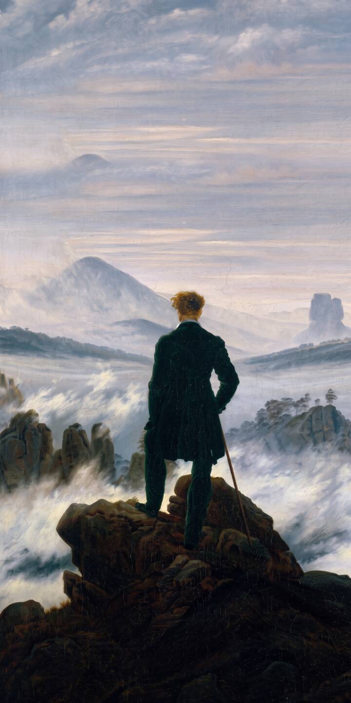 A lone wanderer stands majestically on a rugged precipice, looking out over a boundless sea of mist and jagged peaks in this iconic Caspar David Friedrich 4K wallpaper — an inspiring fine art wallpaper for iPhone collectors. | landscape iphone mountains wallpaper mobile solitude 4k wallpaper hd wallpaper wanderer romantic art caspar david friedrich sea of fog A lone wanderer stands majestically on a rugged precipice, looking out over a boundless sea of mist and jagged peaks in this iconic Caspar David Friedrich 4K wallpaper — an inspiring fine art wallpaper for iPhone collectors.