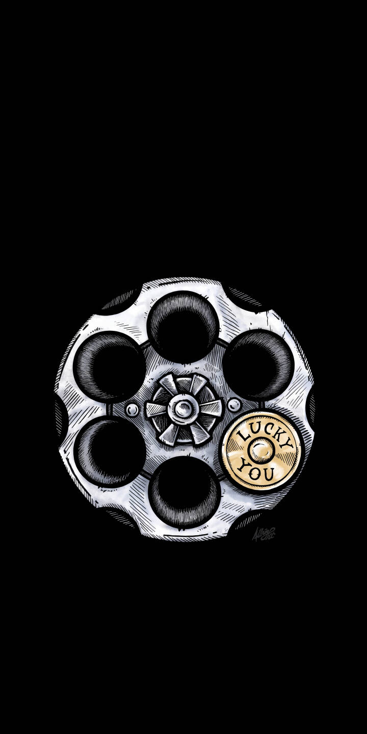 A gleaming golden bullet marked 'LUCKY YOU' rests ominously in one chamber of a dark, sketched revolver cylinder, perfectly centered against a deep black background. This impactful 4K wallpaper offers a stark and thought-provoking display for your iPhone, making it an excellent mobile wallpaper choice. | dark iphone wallpaper mobile 4k wallpaper hd wallpaper revolver minimalistic bullet lucky you russian roulette A gleaming golden bullet marked 'LUCKY YOU' rests ominously in one chamber of a dark, sketched revolver cylinder, perfectly centered against a deep black background. This impactful 4K wallpaper offers a stark and thought-provoking display for your iPhone, making it an excellent mobile wallpaper choice.