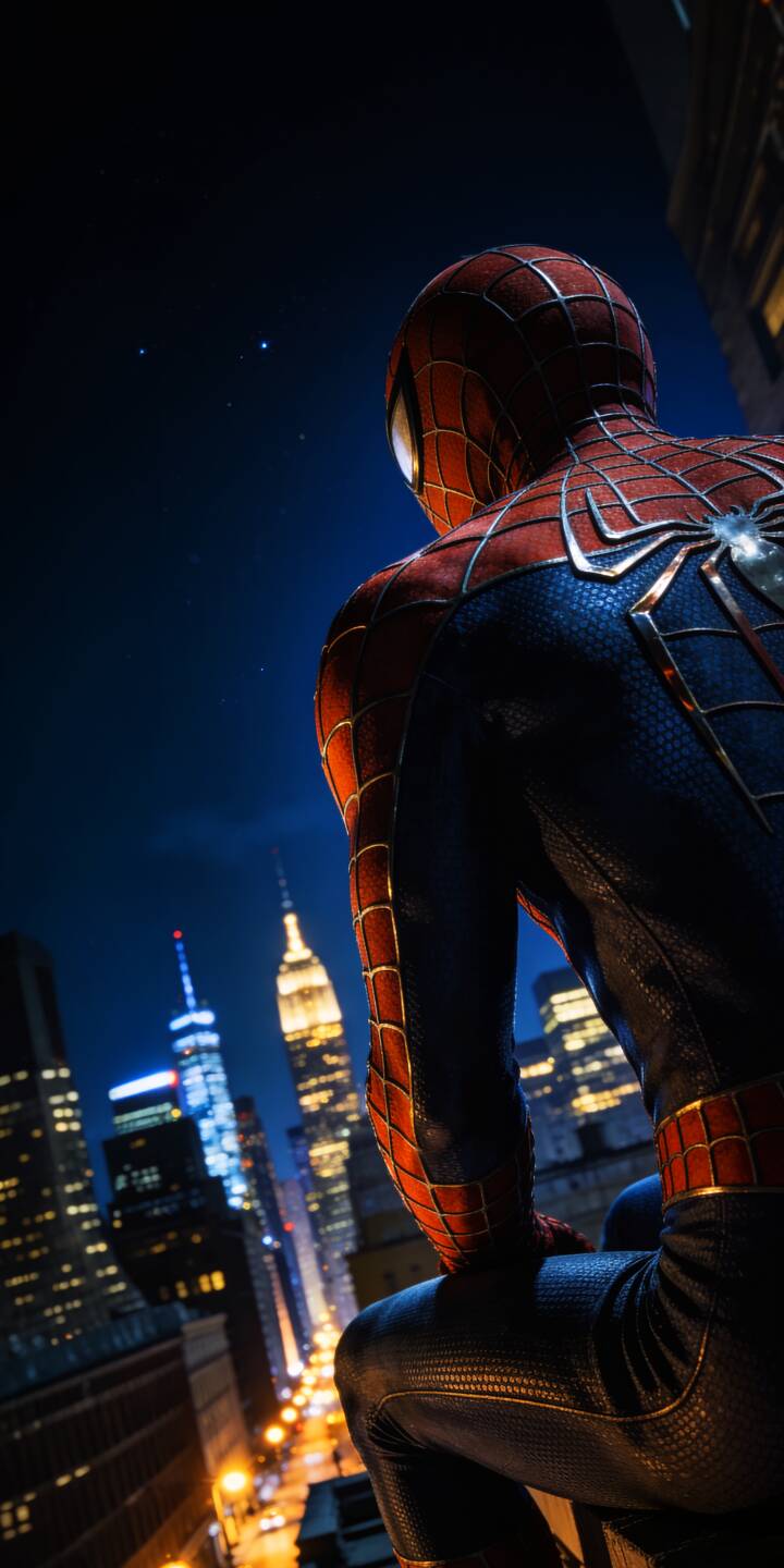 Spider-Man's iconic red and blue suit with its intricate web pattern gleams under the night sky as he overlooks the stunning 4K New York City skyline. This detailed wallpaper is a perfect iPhone wallpaper for any fan. | night superhero marvel spiderman iphone wallpaper mobile new york city 4k wallpaper hd wallpaper spider-man cityscape Spider-Man's iconic red and blue suit with its intricate web pattern gleams under the night sky as he overlooks the stunning 4K New York City skyline. This detailed wallpaper is a perfect iPhone wallpaper for any fan.