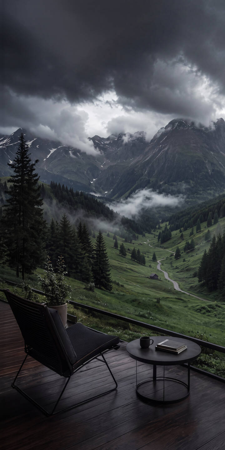 Ominous storm clouds gather over majestic snow-capped mountains and a winding green valley in this breathtaking 4K wallpaper, perfectly capturing a moody alpine retreat. This stunning iPhone wallpaper features a serene balcony view, inviting calm amidst nature's grandeur. | landscape dark valley iphone nature clouds mountains wallpaper mobile moody 4k wallpaper hd wallpaper Ominous storm clouds gather over majestic snow-capped mountains and a winding green valley in this breathtaking 4K wallpaper, perfectly capturing a moody alpine retreat. This stunning iPhone wallpaper features a serene balcony view, inviting calm amidst nature's grandeur.