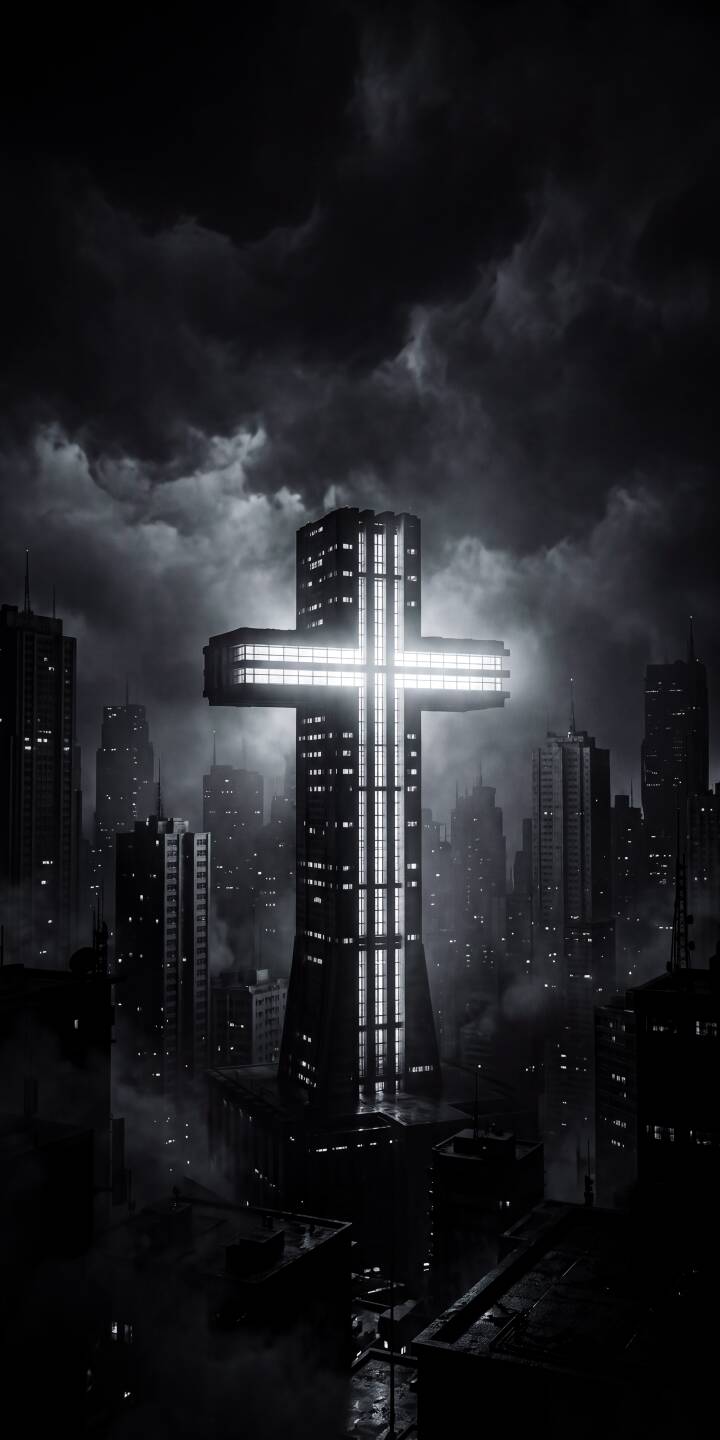 A luminous cross-shaped skyscraper pierces through dense, dark storm clouds over a misty, monochromatic city in this striking 4K wallpaper. This atmospheric wallpaper, perfect for iPhone, captures a powerful, architectural design amidst a moody urban landscape. | building city dark night cross skyscraper iphone wallpaper mobile 4k wallpaper hd wallpaper monochromatic A luminous cross-shaped skyscraper pierces through dense, dark storm clouds over a misty, monochromatic city in this striking 4K wallpaper. This atmospheric wallpaper, perfect for iPhone, captures a powerful, architectural design amidst a moody urban landscape.