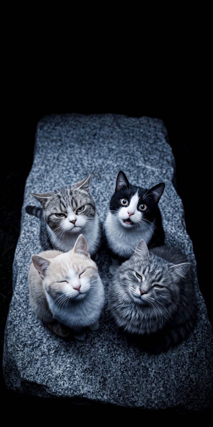 A black and white cat stares wide-eyed with a tiny tongue out, alongside its feline friends with diverse expressions from grumpy to peaceful, all perched on a textured stone in this captivating 4K wallpaper. This charming cats wallpaper is perfect for personalizing your iPhone screen with unique feline personalities. | funny pet cute iphone cats wallpaper mobile 4k wallpaper hd wallpaper feline stone texture diverse expressions A black and white cat stares wide-eyed with a tiny tongue out, alongside its feline friends with diverse expressions from grumpy to peaceful, all perched on a textured stone in this captivating 4K wallpaper. This charming cats wallpaper is perfect for personalizing your iPhone screen with unique feline personalities.