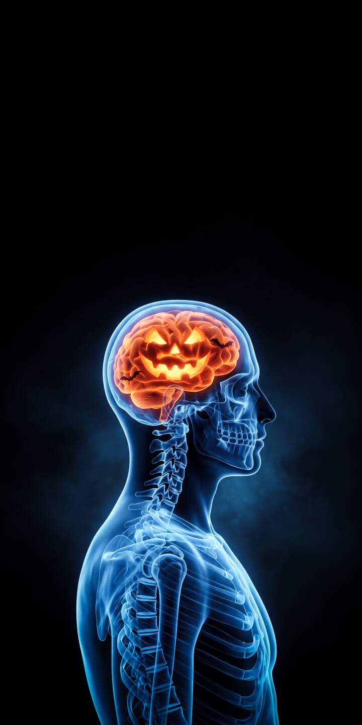 Striking an eerie and unique visual, a human head reveals an internal glowing orange jack-o'-lantern brain, complete with tiny bats, within its translucent blue X-ray skeleton – a perfectly spooky 4K Halloween wallpaper for your iPhone. This captivating medical art wallpaper combines anatomical detail with festive horror, making it an ideal choice for the season. | halloween skull iphone brain spooky wallpaper mobile glowing 4k wallpaper hd wallpaper x-ray jack-o-lantern Striking an eerie and unique visual, a human head reveals an internal glowing orange jack-o'-lantern brain, complete with tiny bats, within its translucent blue X-ray skeleton – a perfectly spooky 4K Halloween wallpaper for your iPhone. This captivating medical art wallpaper combines anatomical detail with festive horror, making it an ideal choice for the season.
