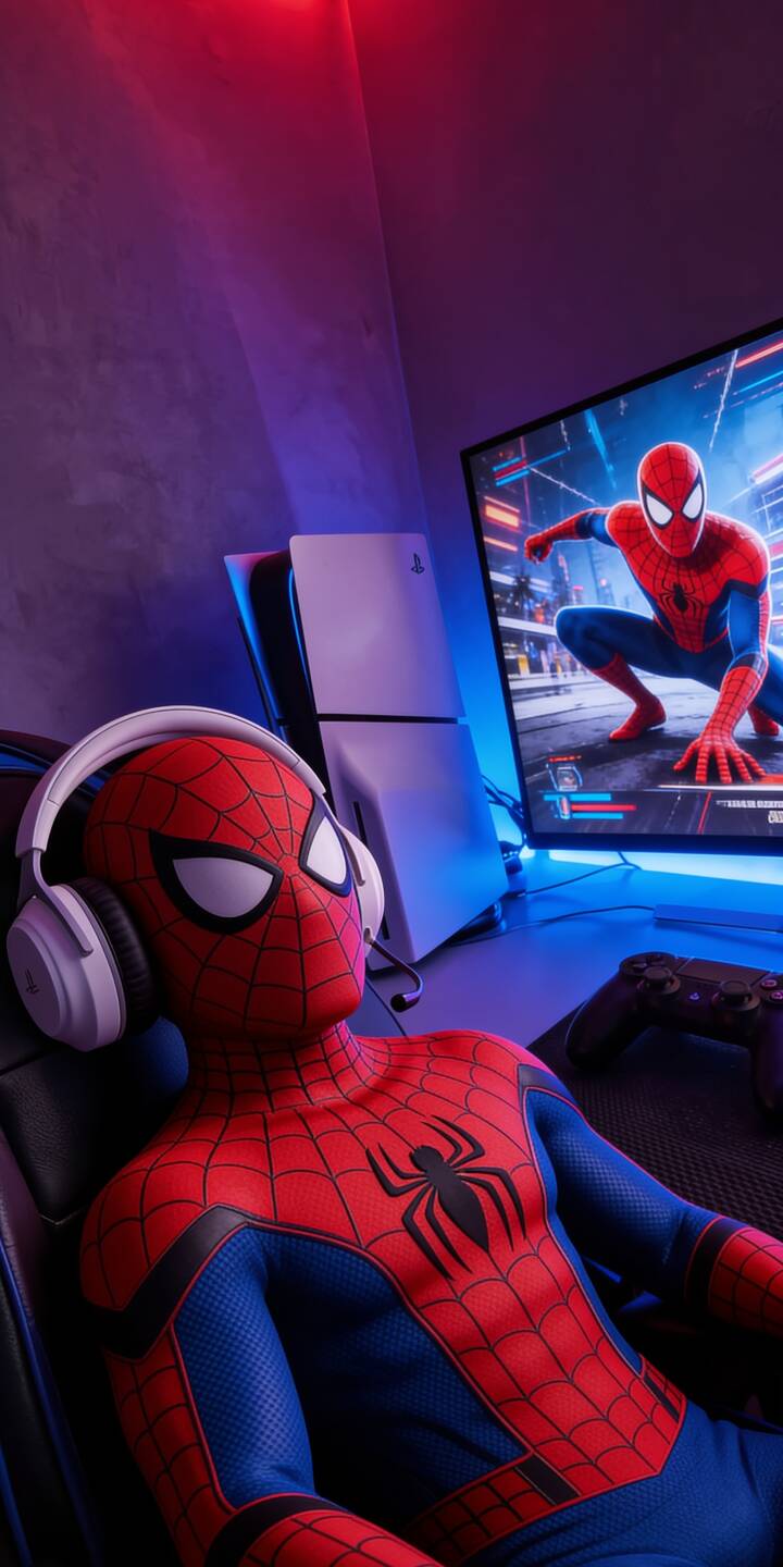 Bathed in vibrant neon light, Spider-Man dons white gaming headphones, relaxing in his chair while a digital counterpart battles on the 4K monitor. This dynamic image makes a unique and captivating wallpaper for your iPhone, showcasing the hero's gamer side. | superhero neon iphone gaming wallpaper gamer peter parker mobile ps5 4k wallpaper hd wallpaper spider-man Bathed in vibrant neon light, Spider-Man dons white gaming headphones, relaxing in his chair while a digital counterpart battles on the 4K monitor. This dynamic image makes a unique and captivating wallpaper for your iPhone, showcasing the hero's gamer side.