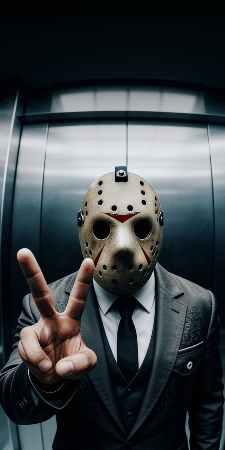 An iconic Jason Voorhees-style hockey mask gives a surprising peace sign while donned with a sharp suit against a metallic elevator backdrop in this striking 4K wallpaper; a unique iPhone wallpaper for horror fans. | aesthetic suit iphone wallpaper horror peace sign mystery mobile 4k wallpaper hd wallpaper jason voorhees hockey mask An iconic Jason Voorhees-style hockey mask gives a surprising peace sign while donned with a sharp suit against a metallic elevator backdrop in this striking 4K wallpaper; a unique iPhone wallpaper for horror fans.
