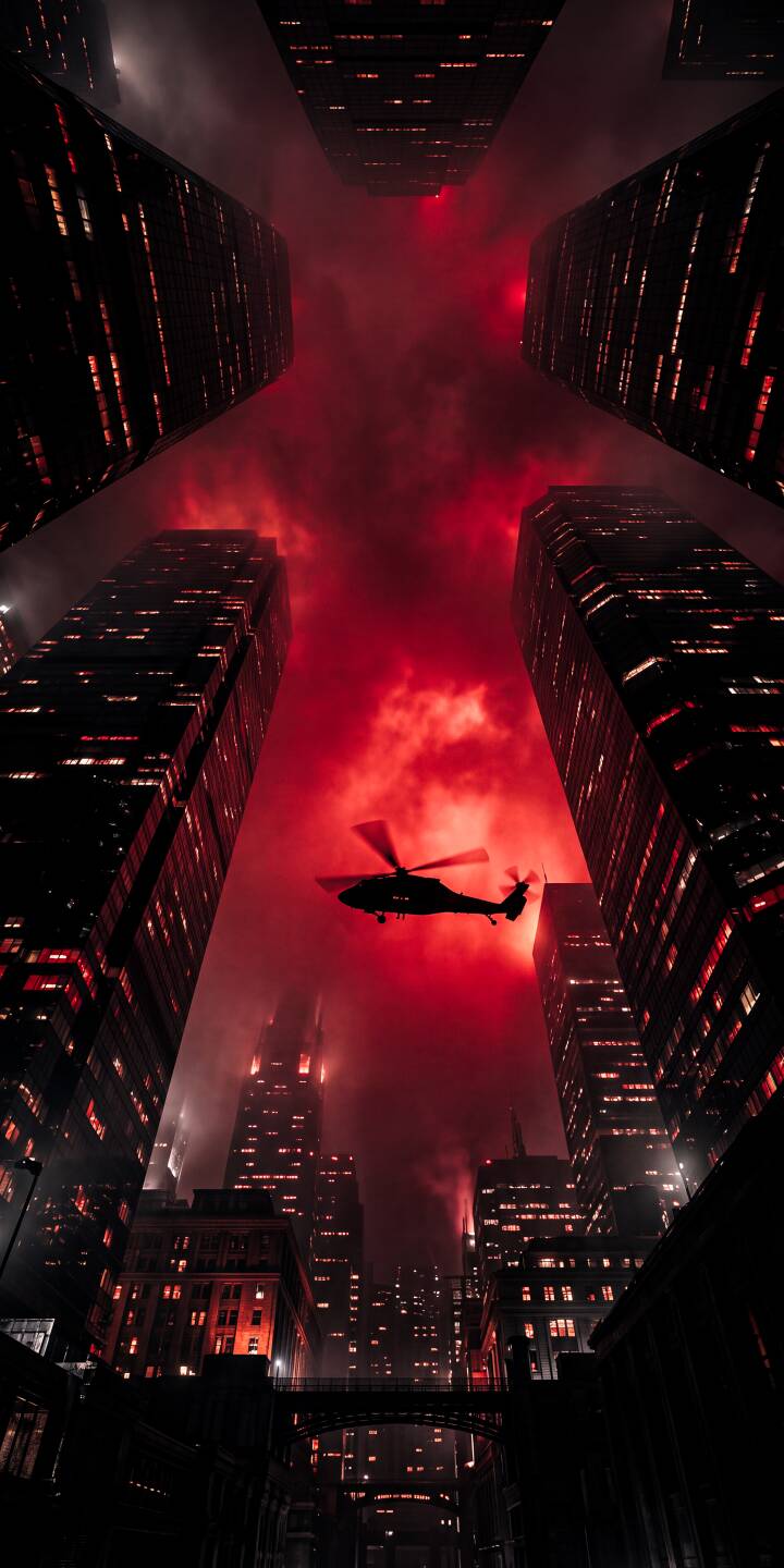 Crimson red clouds dramatically fill the night sky above towering dark skyscrapers as a helicopter flies by, creating an intense urban 4K wallpaper. This stunning cityscape wallpaper is a must-have for your iPhone. | city urban dark skyscraper iphone wallpaper mobile helicopter 4k wallpaper hd wallpaper red sky dramatic Crimson red clouds dramatically fill the night sky above towering dark skyscrapers as a helicopter flies by, creating an intense urban 4K wallpaper. This stunning cityscape wallpaper is a must-have for your iPhone.