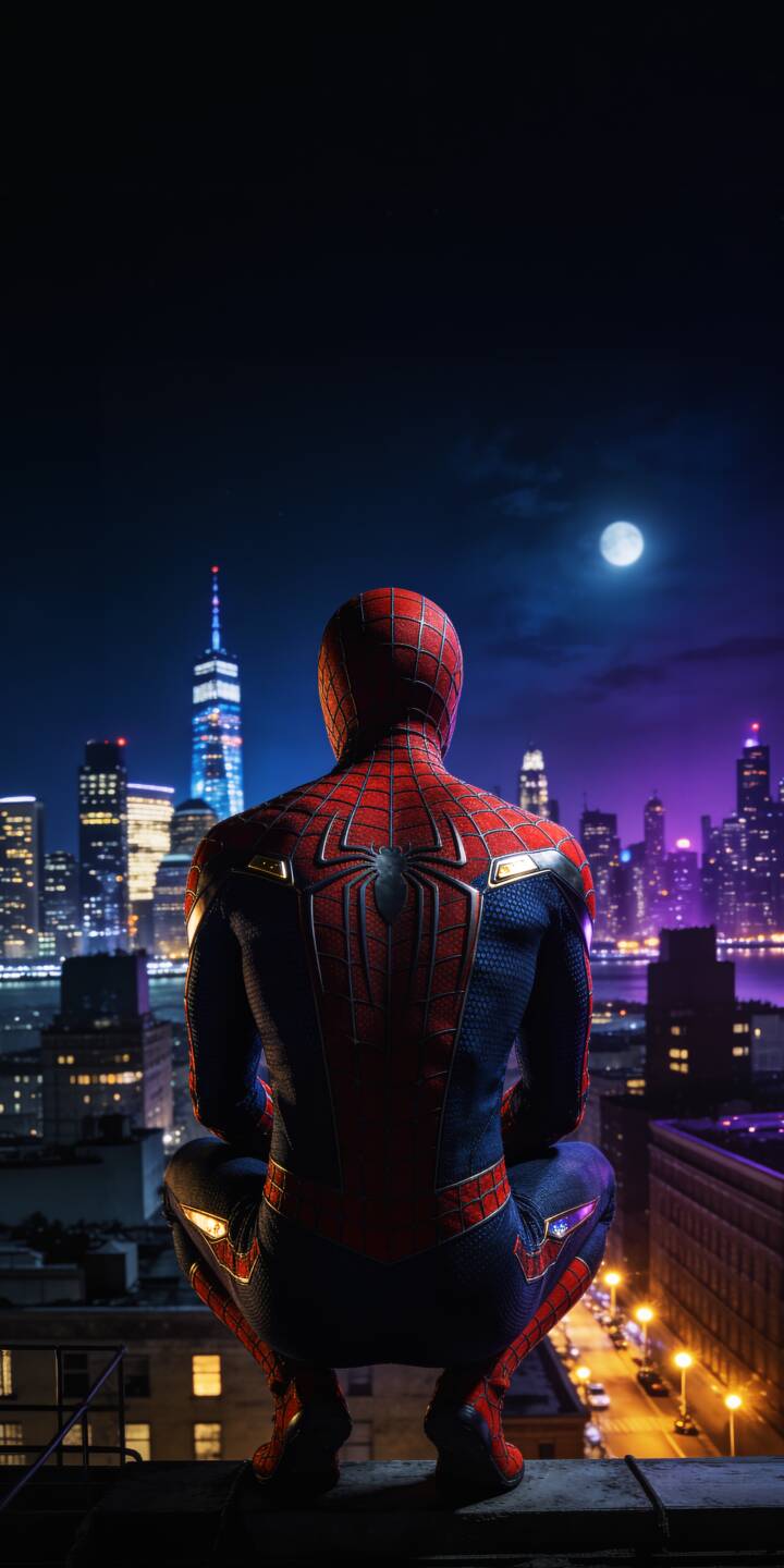 With the full moon illuminating his iconic red and blue suit, Spider-Man crouches on a skyscraper's edge, gazing out at a vibrant 4K New York City skyline wallpaper. This stunning phone wallpaper captures the hero's vigilant spirit, with the towering One World Trade Center and twinkling city lights beautifully rendered, perfect for your iPhone. | city skyline night superhero marvel spiderman iphone wallpaper rooftop mobile 4k wallpaper hd wallpaper spider-man With the full moon illuminating his iconic red and blue suit, Spider-Man crouches on a skyscraper's edge, gazing out at a vibrant 4K New York City skyline wallpaper. This stunning phone wallpaper captures the hero's vigilant spirit, with the towering One World Trade Center and twinkling city lights beautifully rendered, perfect for your iPhone.