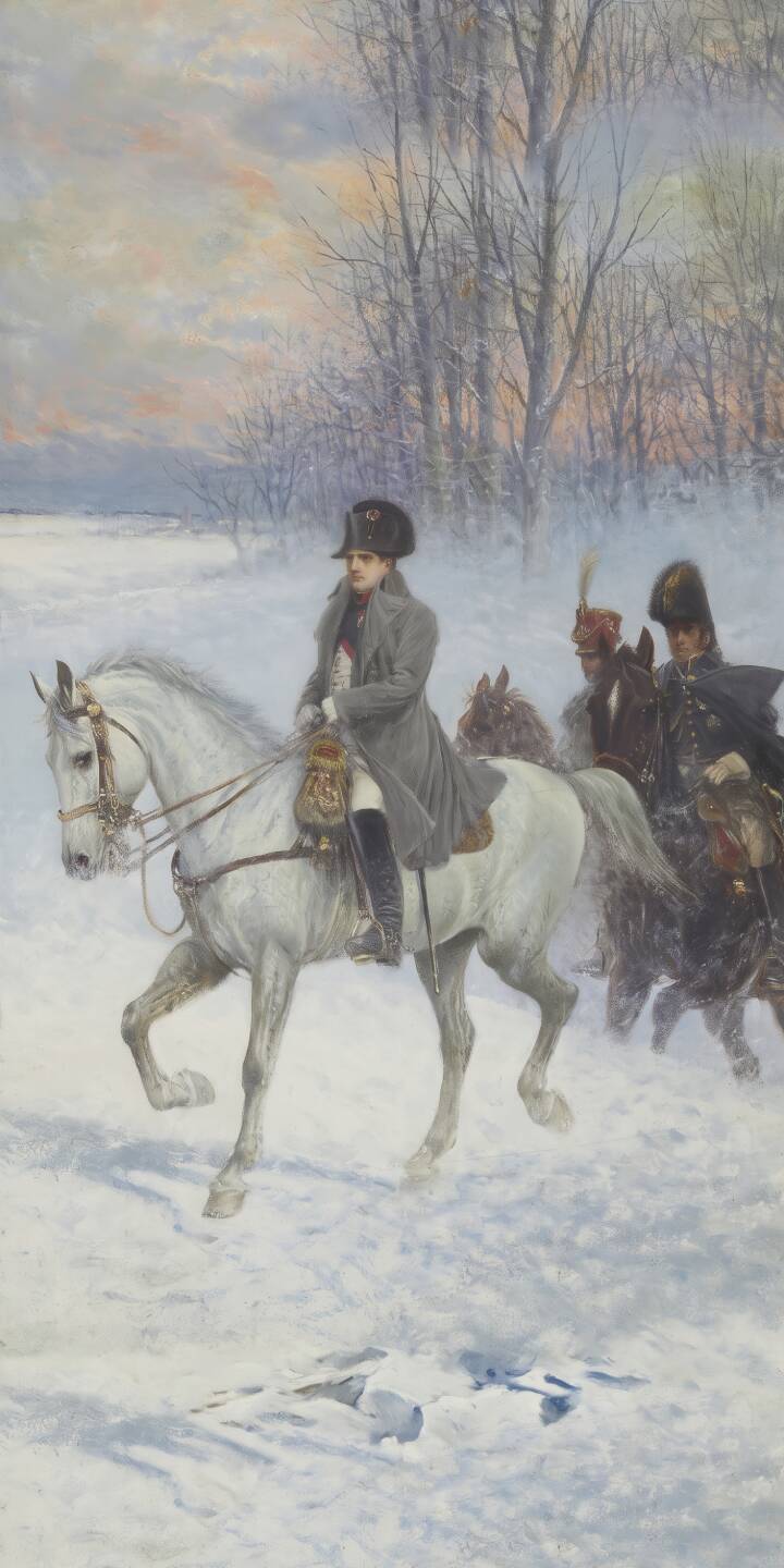 Napoleon Bonaparte, draped in a somber grey coat, leads his cavalry through a stark, snow-covered winter landscape in this compelling 4K wallpaper. This historically inspired wallpaper, featuring subtle hues of dawn in the frosty trees, is perfect for your iPhone. | snow horse iphone wallpaper mobile empire 4k wallpaper hd wallpaper winter landscape napoleon napoleon bonaparte historical painting Napoleon Bonaparte, draped in a somber grey coat, leads his cavalry through a stark, snow-covered winter landscape in this compelling 4K wallpaper. This historically inspired wallpaper, featuring subtle hues of dawn in the frosty trees, is perfect for your iPhone.