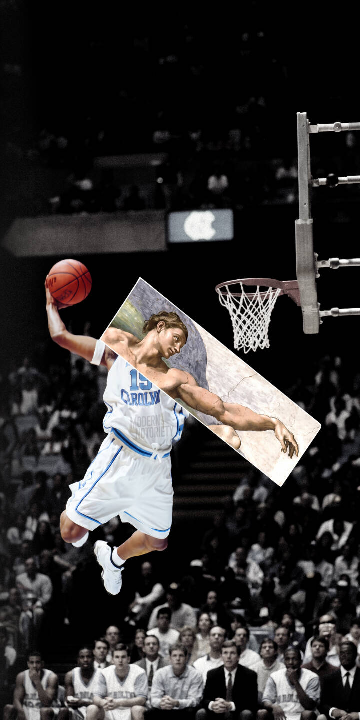 The iconic 'Creation of Adam' art piece dramatically merges with a UNC basketball player mid-dunk, creating a truly unique 4K wallpaper. This stunning wallpaper for iPhone fans showcases the fusion against a monochrome stadium background, complete with the player in a light blue jersey holding an orange basketball. | basketball iphone wallpaper mobile 4k wallpaper hd wallpaper slam dunk surreal art michelangelo creation of adam unc sports collage The iconic 'Creation of Adam' art piece dramatically merges with a UNC basketball player mid-dunk, creating a truly unique 4K wallpaper. This stunning wallpaper for iPhone fans showcases the fusion against a monochrome stadium background, complete with the player in a light blue jersey holding an orange basketball.