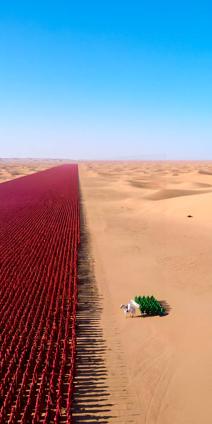 A vast formation of crimson figures casts dramatic long shadows across an immense desert, while a lone winged creature pulls vibrant green trees in this stunning 4K conceptual art wallpaper for iPhone. | landscape desert iphone wallpaper mystery mobile 4k wallpaper hd wallpaper surreal conceptual art red figures long shadows A vast formation of crimson figures casts dramatic long shadows across an immense desert, while a lone winged creature pulls vibrant green trees in this stunning 4K conceptual art wallpaper for iPhone.