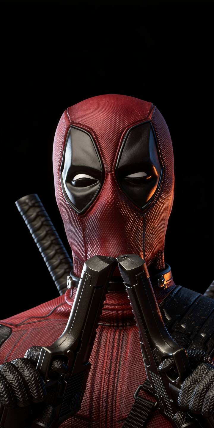 Two sleek black pistols are crossed tightly in Deadpool's gloved hands, highlighting his iconic textured red suit against a dark background in this stunning 4K wallpaper. This dynamic Deadpool wallpaper is perfect for any iPhone, capturing the mercenary's intense demeanor. | superhero deadpool marvel iphone realistic guns wallpaper red suit mobile 4k wallpaper hd wallpaper pistols Two sleek black pistols are crossed tightly in Deadpool's gloved hands, highlighting his iconic textured red suit against a dark background in this stunning 4K wallpaper. This dynamic Deadpool wallpaper is perfect for any iPhone, capturing the mercenary's intense demeanor.