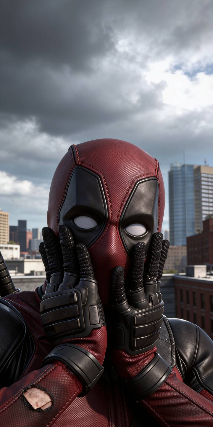 Deadpool's gloved hands press against his masked face, creating a hilarious expression of surprise under a dramatic cloudy sky in this stunning 4K wallpaper. This vibrant superhero wallpaper is a perfect fit for any iPhone, bringing the Merc with a Mouth's unique humor to your screen. | funny superhero deadpool marvel iphone realistic wallpaper comic mobile 4k wallpaper hd wallpaper merc with a mouth Deadpool's gloved hands press against his masked face, creating a hilarious expression of surprise under a dramatic cloudy sky in this stunning 4K wallpaper. This vibrant superhero wallpaper is a perfect fit for any iPhone, bringing the Merc with a Mouth's unique humor to your screen.