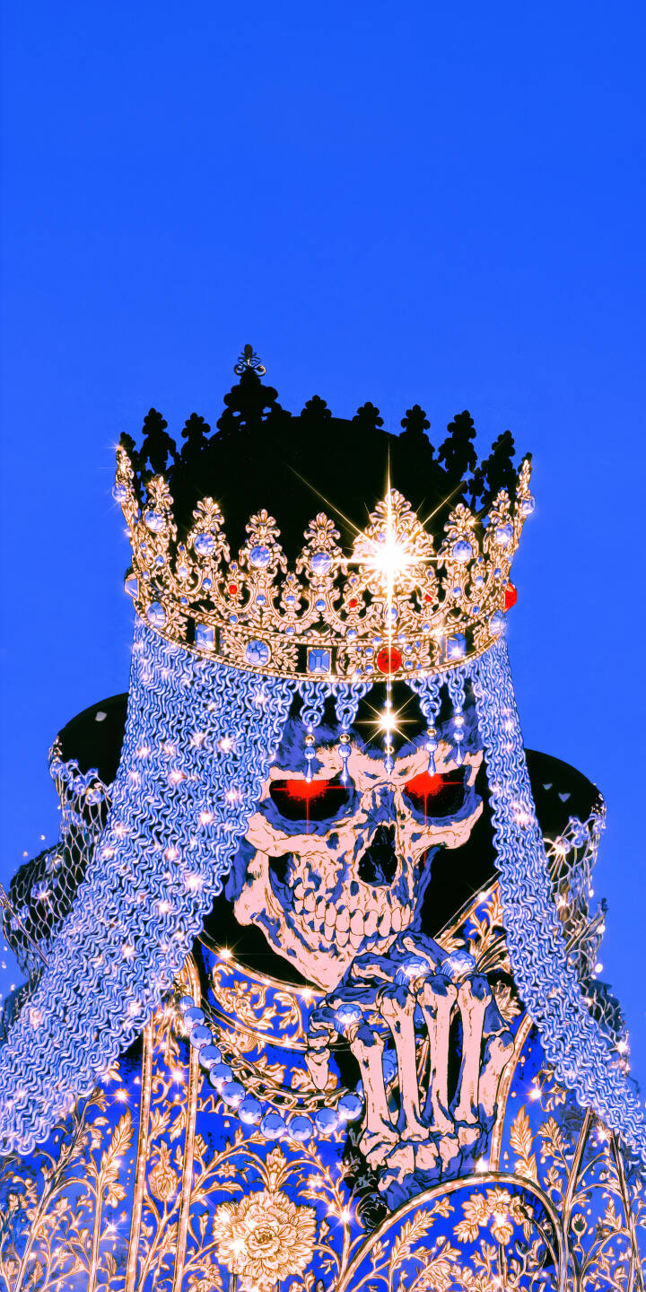 Intense glowing red eyes pierce from beneath a dazzling golden crown as this regal skeleton dons a sparkling veil and a rich blue, gold-embroidered robe in this captivating 4K wallpaper. This stunning digital art wallpaper is perfect for iPhone personalization. | skeleton crown gothic skull iphone wallpaper mobile 4k wallpaper hd wallpaper dark aesthetic royal grim reaper Intense glowing red eyes pierce from beneath a dazzling golden crown as this regal skeleton dons a sparkling veil and a rich blue, gold-embroidered robe in this captivating 4K wallpaper. This stunning digital art wallpaper is perfect for iPhone personalization.
